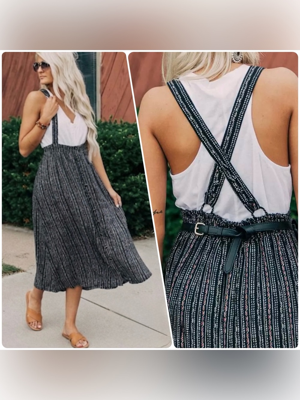 Willow + Root Suspender Midi Skirt Button Front Adjustable Black Print Medium